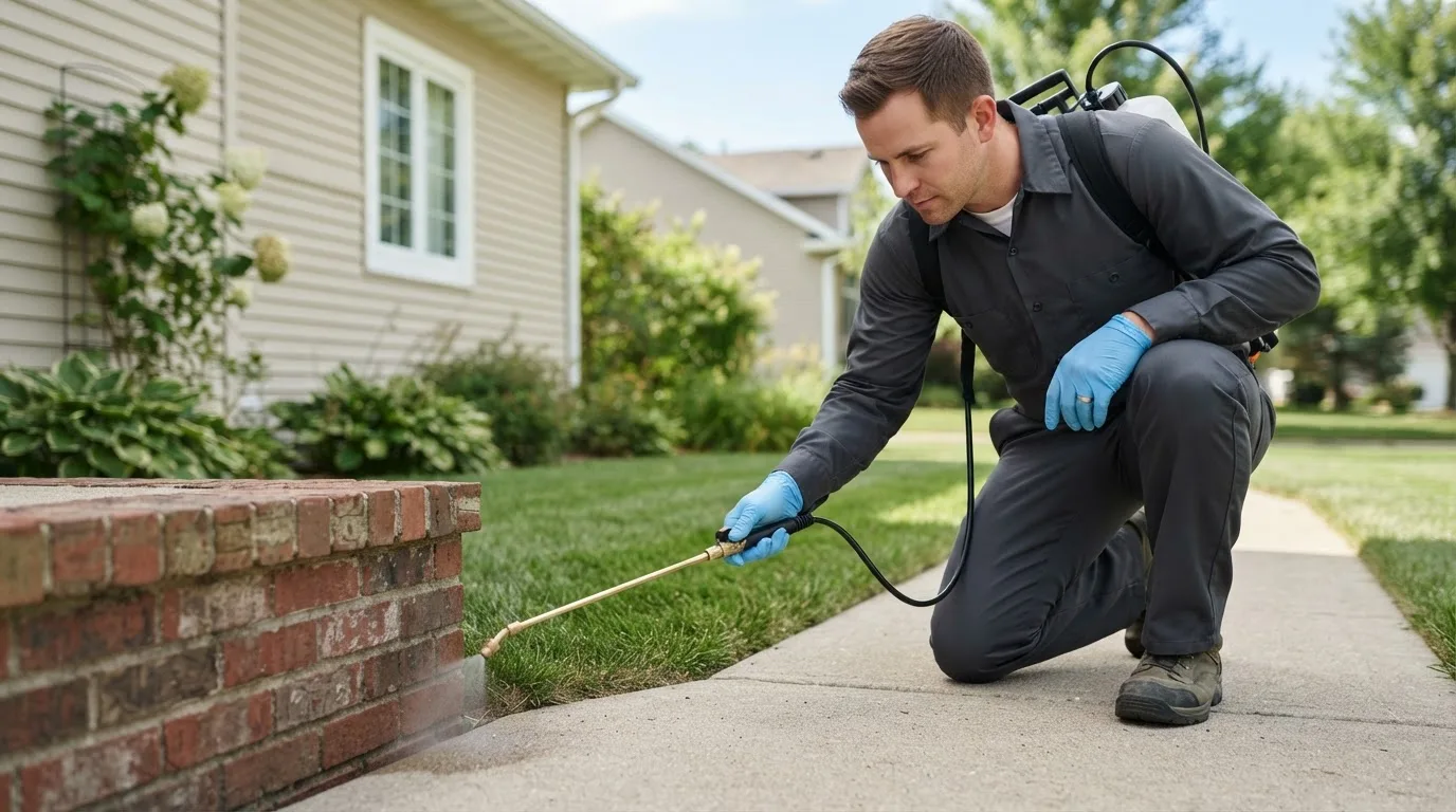 Pest control technician treating a home near Riddlesburg, PA