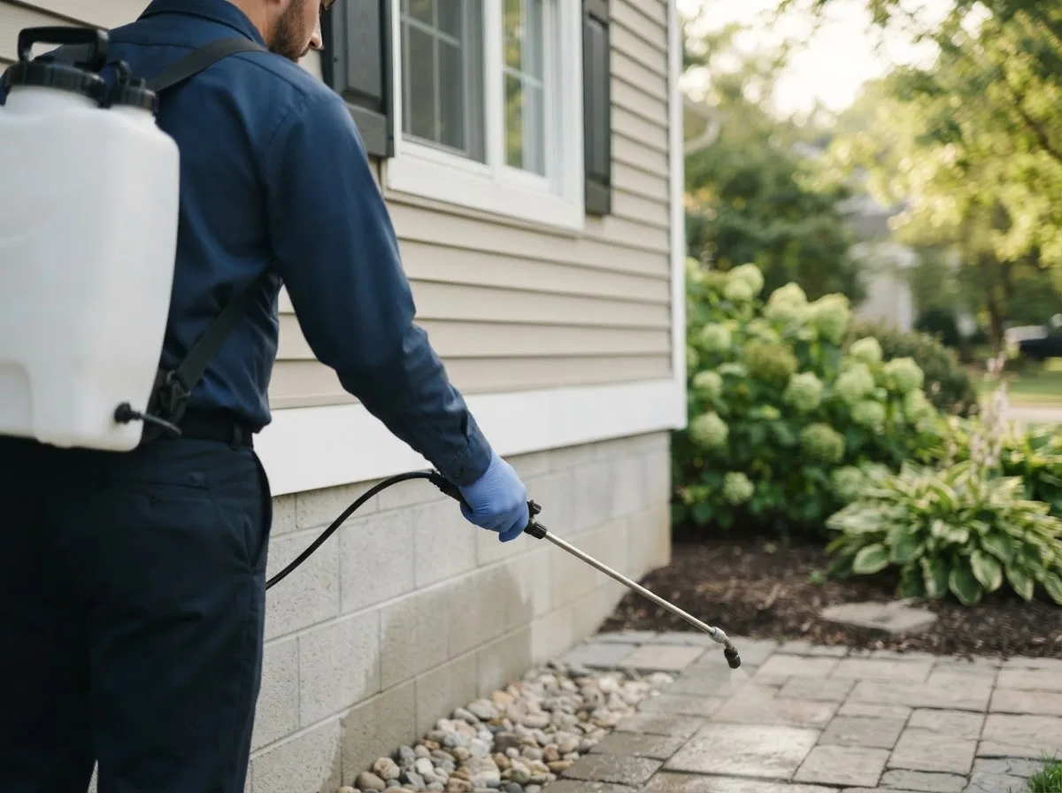 Pest control technician inspecting a home in Riddlesburg, PA